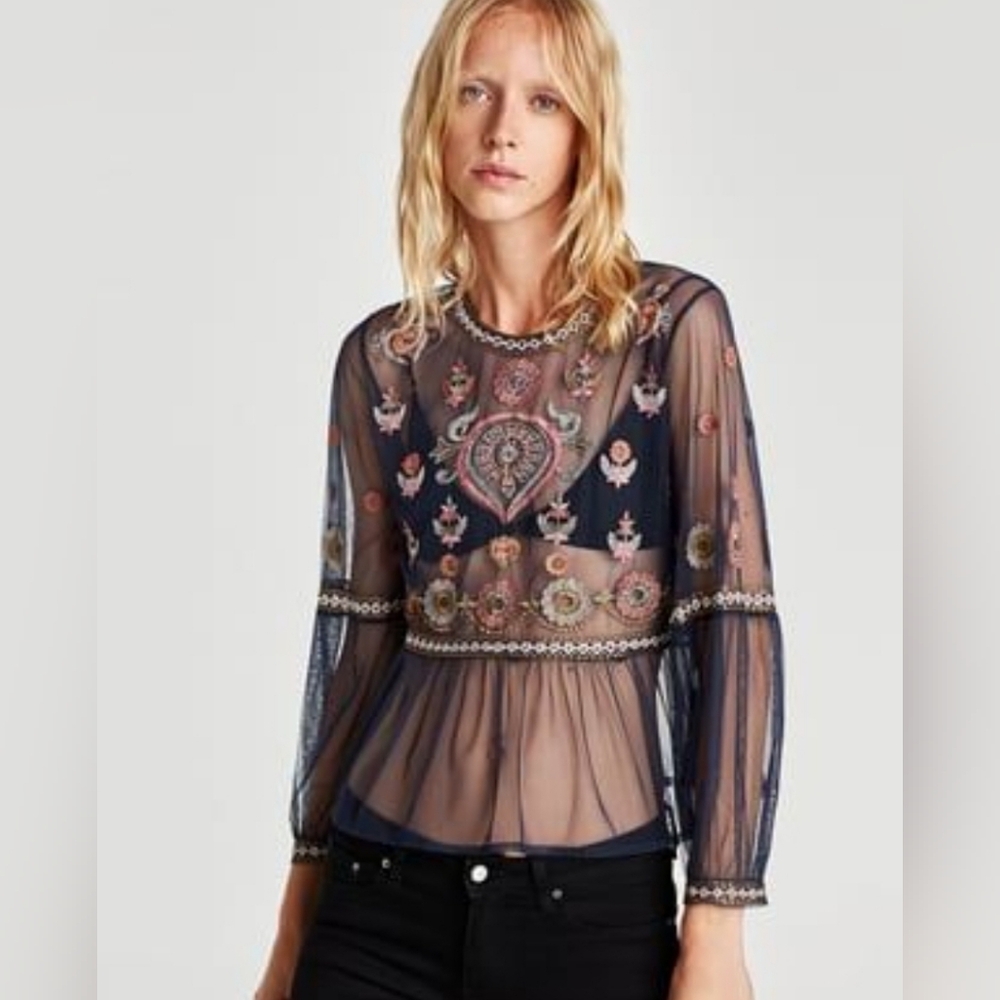 Anthropologie Navy Sheer Embroidered Peasant Blouse